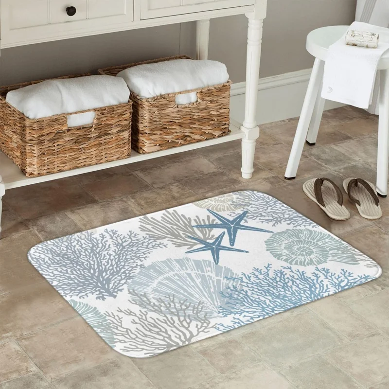 VIKAMA Coastal Coral Shell Print Floor Mat Minimalist Non Slip Quick Dry Bath Rug Bedroom Front Door Beach House Decor Mat