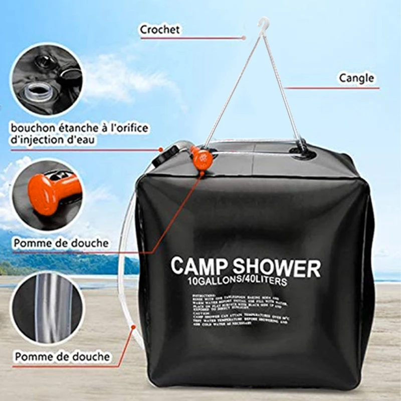 40L Outdoor Shower Bag Solar Shower Water Bag for Bathing, Camping, Washing, Heat Absorption, Waterproof Pvc Water Bag