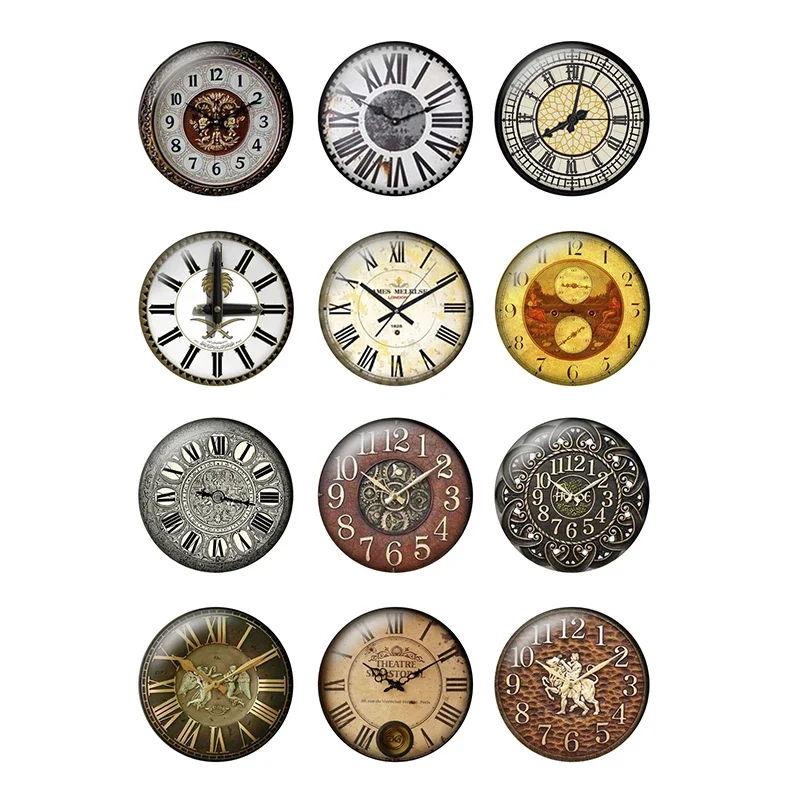 12pcs/lot Round Retro Clock Pocket Watch Pattern Glass Cabochon 10mm 12mm 25mm for DIY Jewelry Making Findings & Components T126