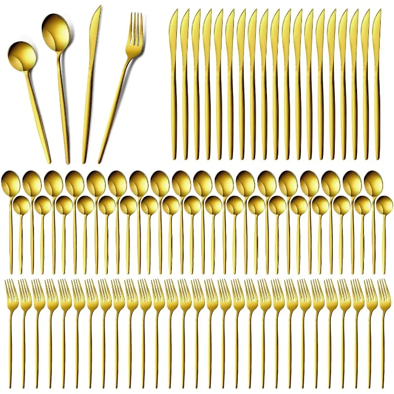 200 Pcs Gold Silverware Set with Knives Spoons and Forks Portable Stainless Steel Flatware Set Reusable Gold Utensils Set