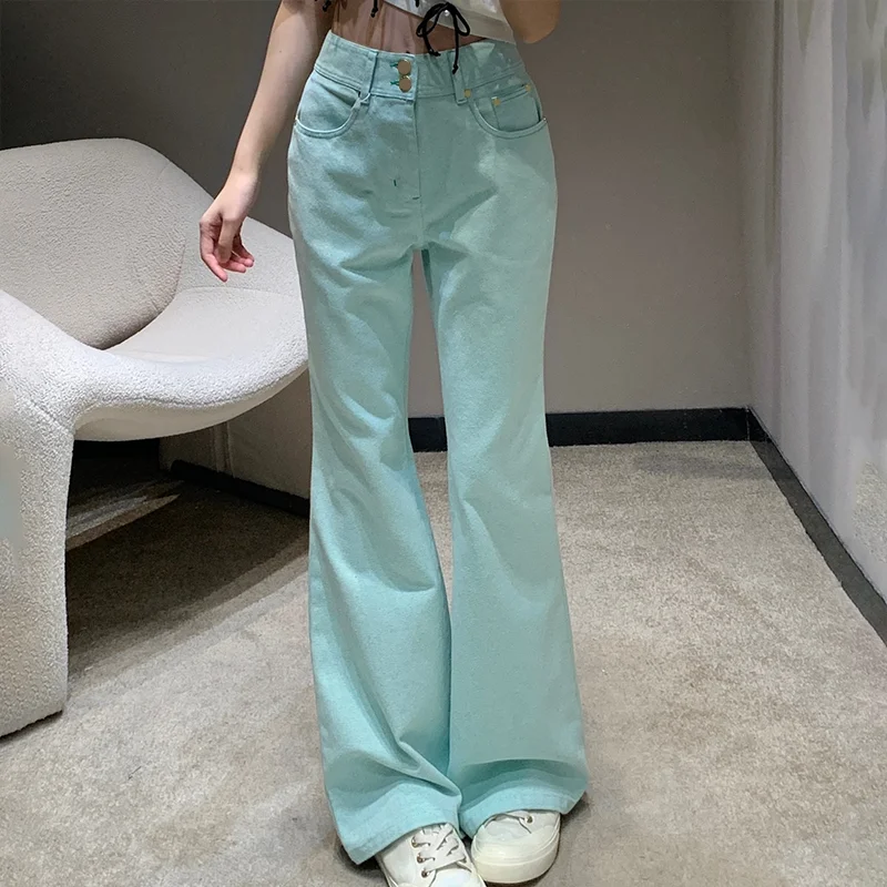 

Top-quality women's new mint green and beige flared jeans pants with high waist for slimming, featuring logo embroidery 2592458