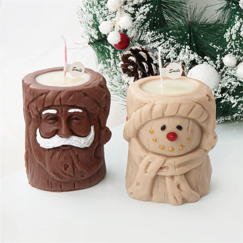 Mirosie Silicone Stump Christmas Candle Mold Gingerbread Man Santa Snowman Deer Gift Box Aromatherapy Candle Holder Mold