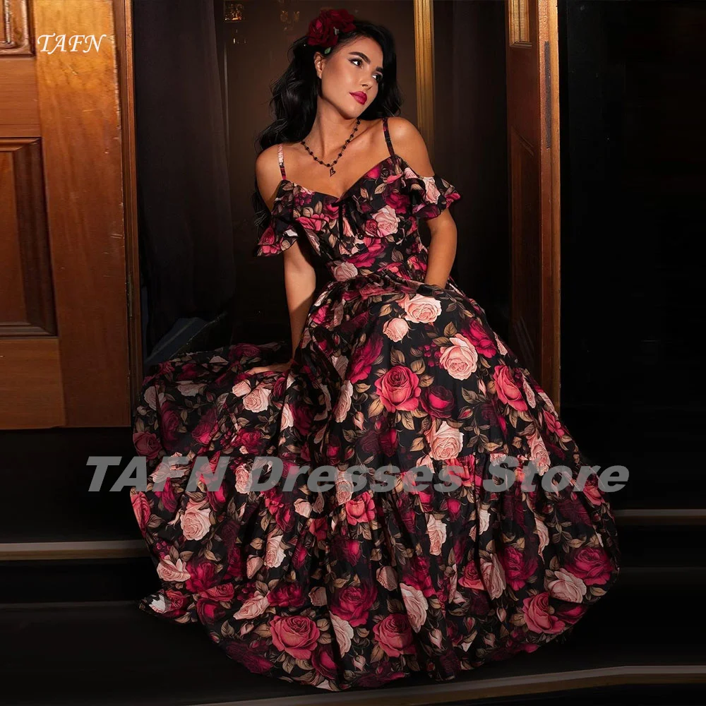 

TAFN The Dark Rose Floral Dresses Spaghetti Straps V-Neck Off the Shoulder Ruffle A-line Evening Party Dresses Modern Prom Gown