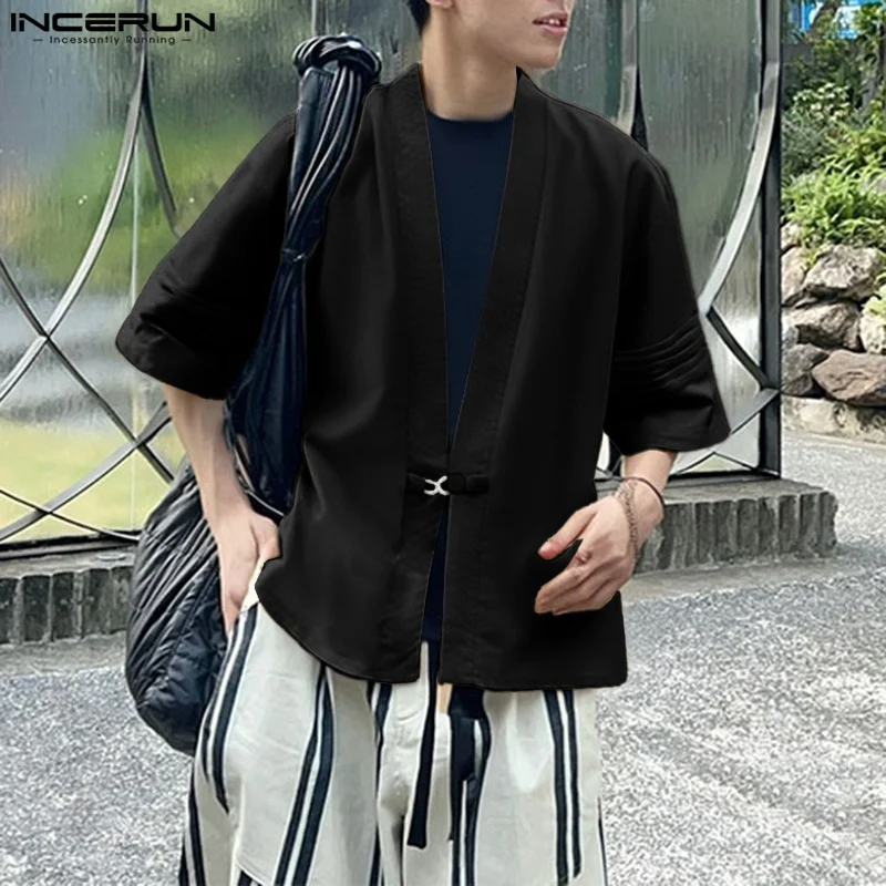 

INCERUN Men Shirt Solid Color V Neck Half Sleeve Casual Cardigan Men Streetwear 2025 Oversize Pleated Fashion Male Tops Shirts
