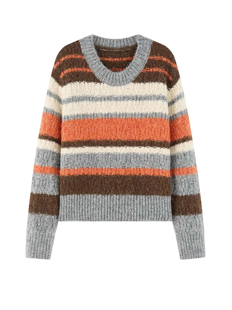 FANAN موضة مخطط التباين اللون الصوف الحياكة سترة للنساء كم طويل سميكة الدافئة البلوز القمم أنثى شتاء جديد