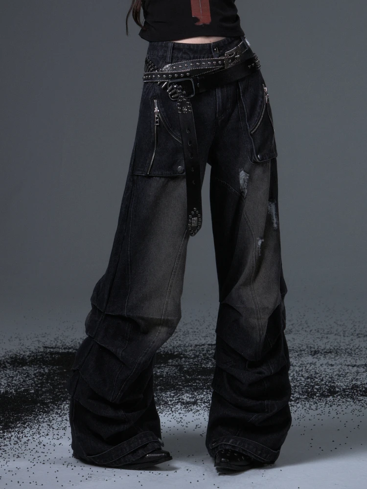 

Женские джинсы в стиле ретро-панк, свободные, широкие, с эффектом потертости, плиссированные, повседневные, темно-синие, с высокой талией