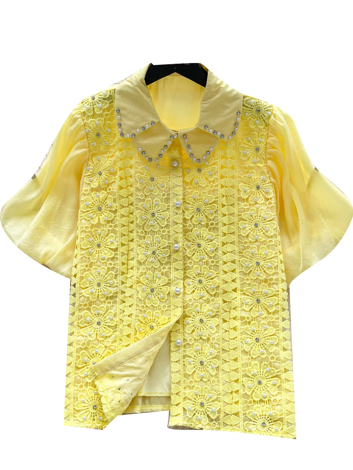 Csa e de manga de burbuja de encaje adornada para mujer, Top e y versátil de lujo de verano, estilo coreano,...