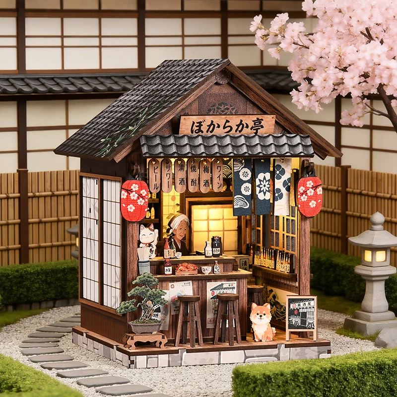 

DIY Wooden Japanese The Mellow Pub Book Nook Shelf Insert Kits Miniature Model Kit With Lights Bookend for Friends Birthday Gift