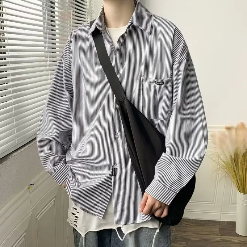 

Summer Large Size Haome Trendy Men's Casual Striped Long Sve irt Faionable Youthful ular Loose Fit Iron Free