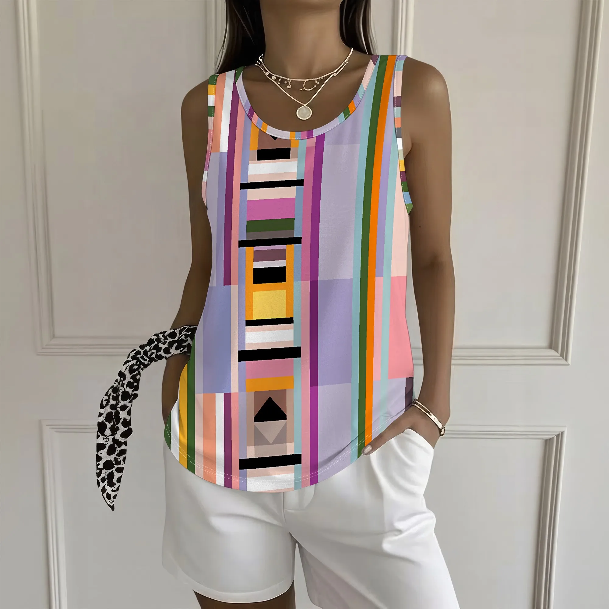 Geometric Print Tank Top, Abstract Art Sleeveless Shirt, Colorful Block Pattern Blouse, Summer Casual Wear, S-2XL