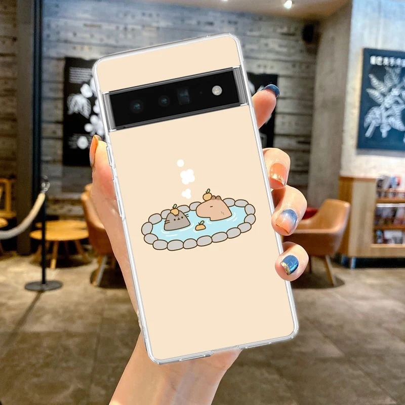 Cartoon Animal Capybara Couple Paired Phone Case For Google Pixel 9 8 7 6 Pro XL 8A 7A 6A 5 4 5A 4A 3A XL 5G Clear TPU Cover