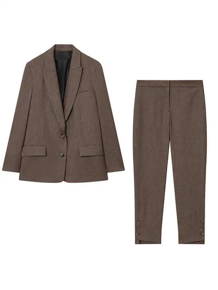 HH Woman Spring Fashion Versatile Long Sleeves Lapel Slit Decoration Blazer+Mid-Rise Trousers Female Casual Style Two Piece Set