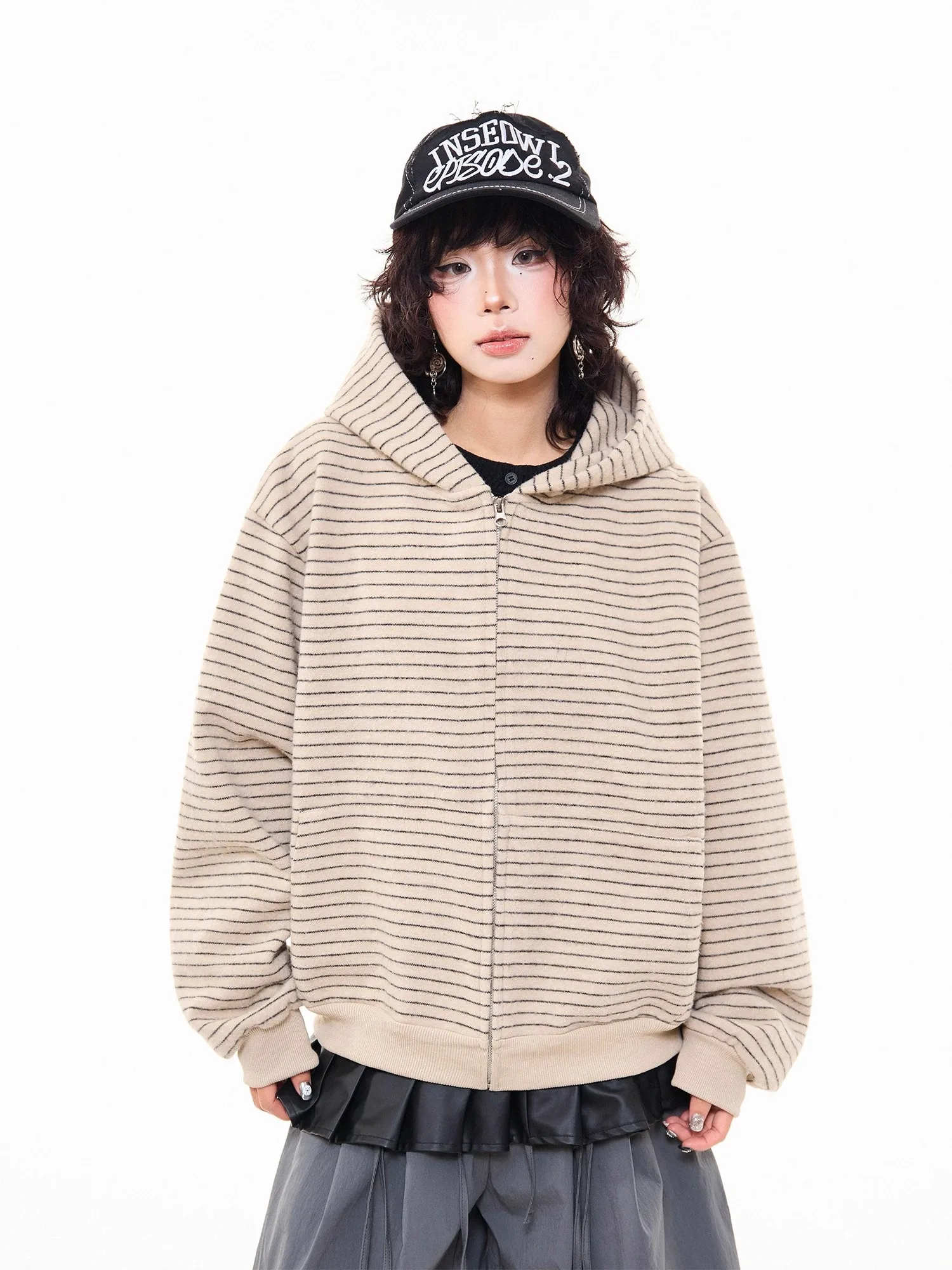 American Retro Fce Stripe Zipper Open Cardigan Loose Women's Hoodie Autumn Simple Versatile Couple ort Outerwear
