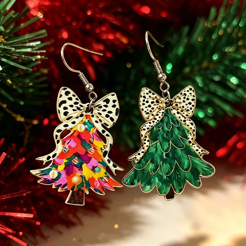 Cute Wave Point Bow Christmas Tree Earrings Colorful Christmas Tree Stainless Steel Ear hooks Wooden Earrings Christmas Gift