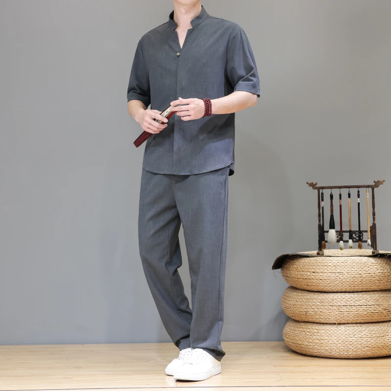 2025 Summer Men Chinese Style Short Sleeve Shirt Sets Men Top Hanfu Suit 2Pcs Tang Suits Male Casual Vintage Linen Shirts +Pants