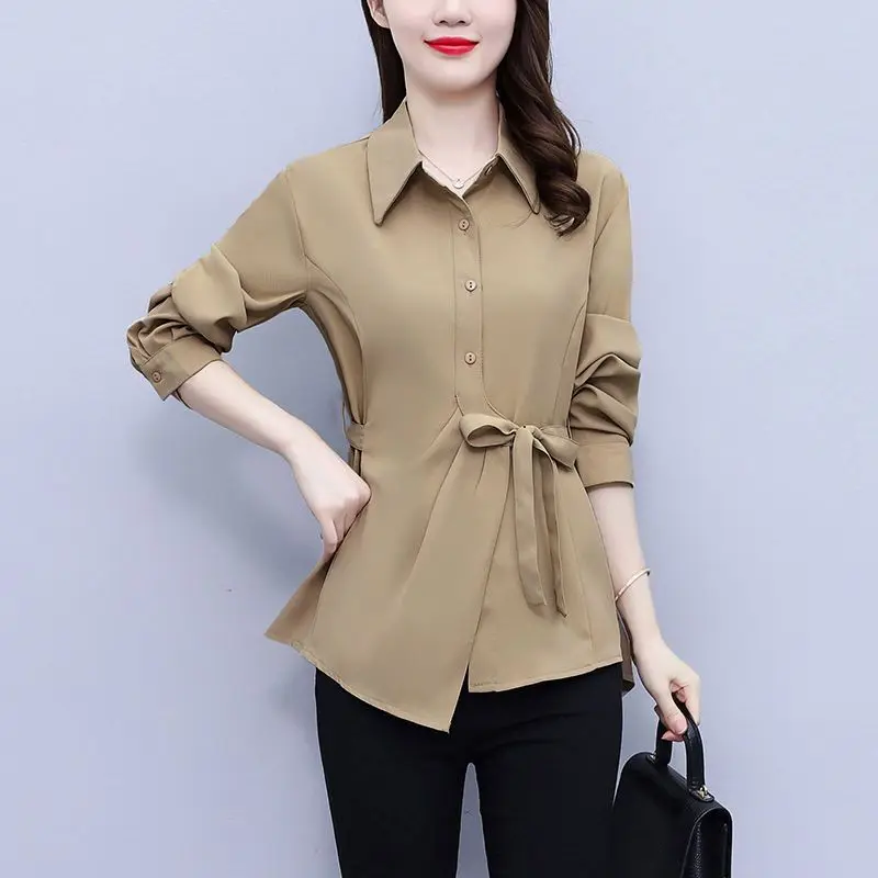 Commute Solid Color Blouse Spring Autumn Polo-Neck Women\'s Clothing Single-breasted Fashion Drawstring Asymmetrical Waist Shirt