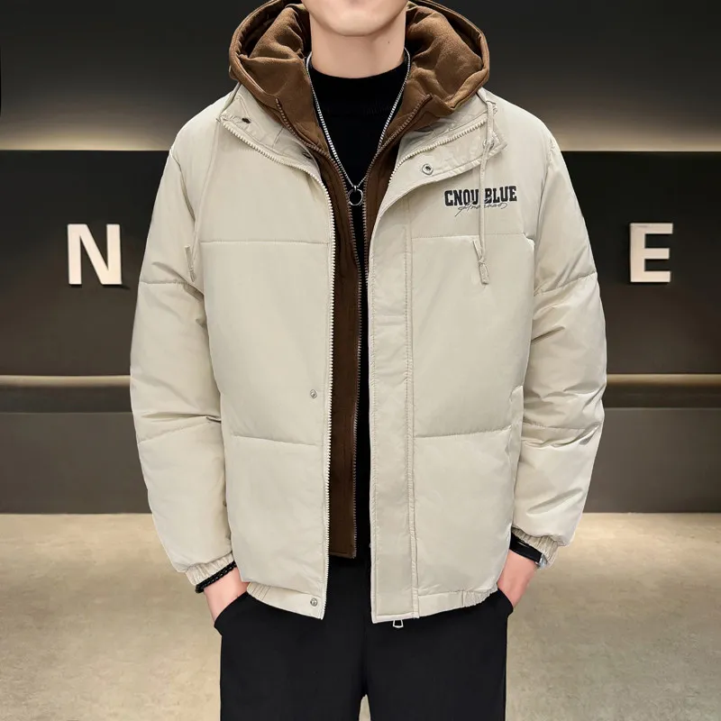 

Winter Thiened Men's Hooded Print Jaet Fake Two-Piece Warm Sli Youthful Cotton Clothes Faionable Upper Apparel