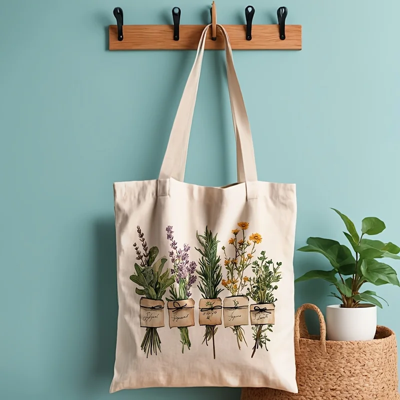 Watercolor Herbal Canvas Tote Bag，Reusable shopping bag，fashion daily shopping market tote bag，Suitable for beach trips and ever