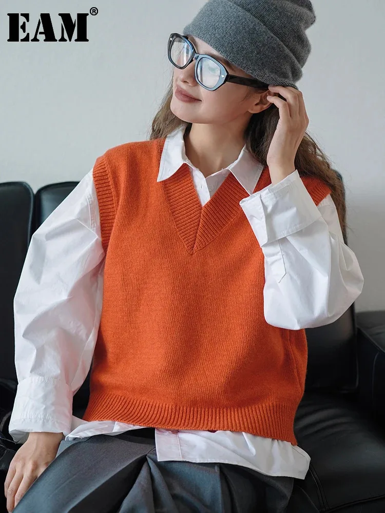 [EAM] Orange Brief Knitting Sweater Loose Fit V-Neck Sleeveless Women Pullovers New Fashion Tide Spring Autumn 2024  1DH0242