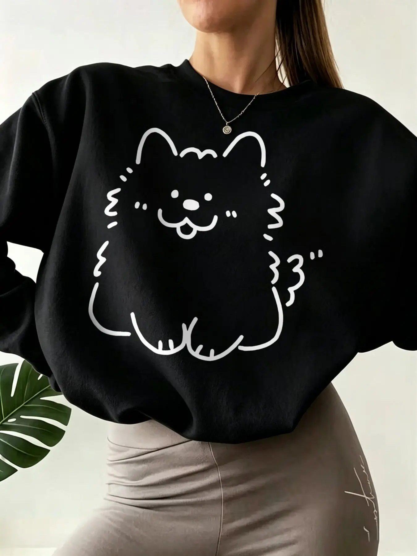 Women Cute Pomeranian Dog Line Art Graphic Crewneck Sweatshirt Oversized Long Sleeve Fleece Pullover Simple Sketch Puppy Print Fall Aesthetic Casual Streetwear Tops