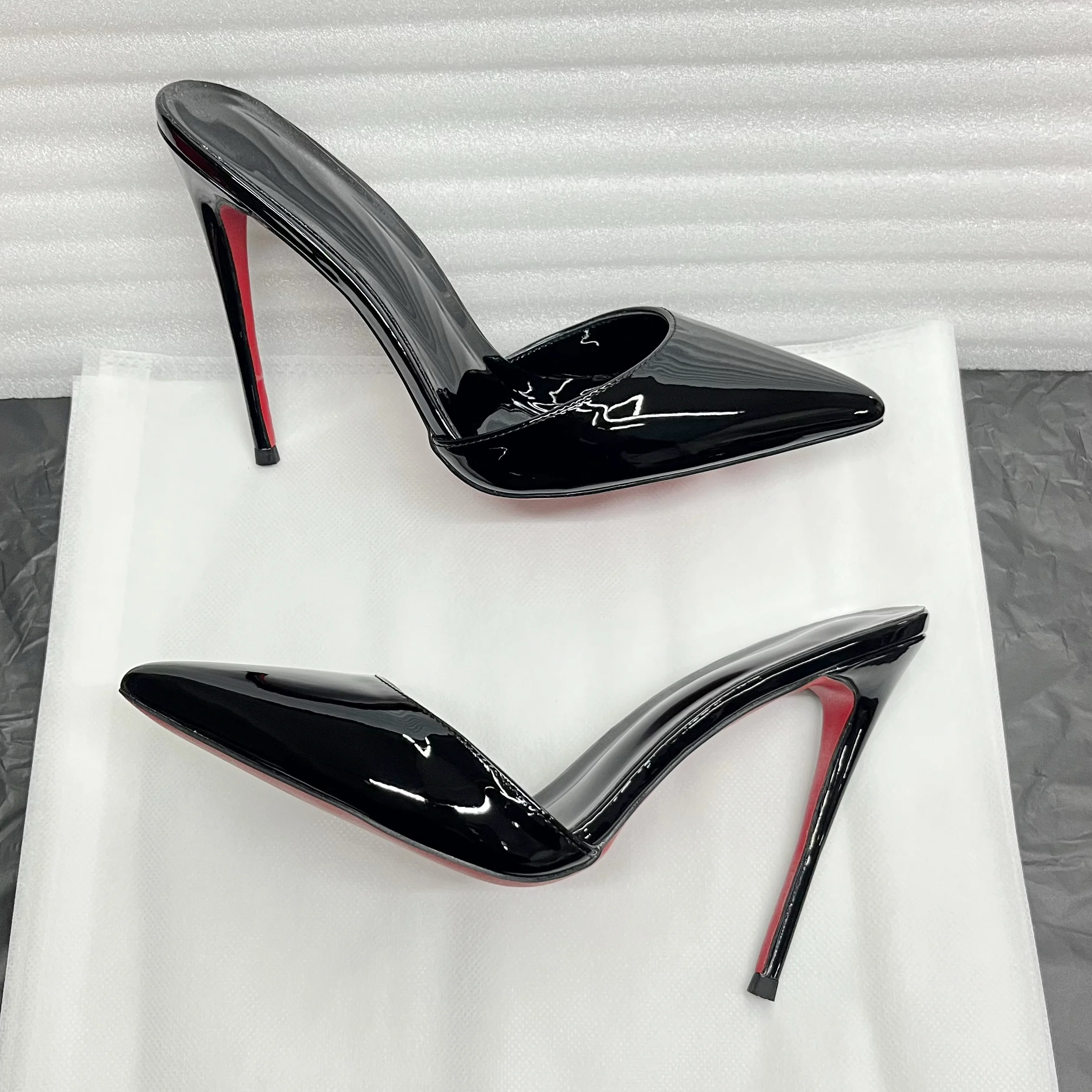 Summer Black Patent Leather High Heels with Pointed Toes Shallow Mouth Thin Heels Slippers Sexy Versatile Plus Size Lazy Shoes