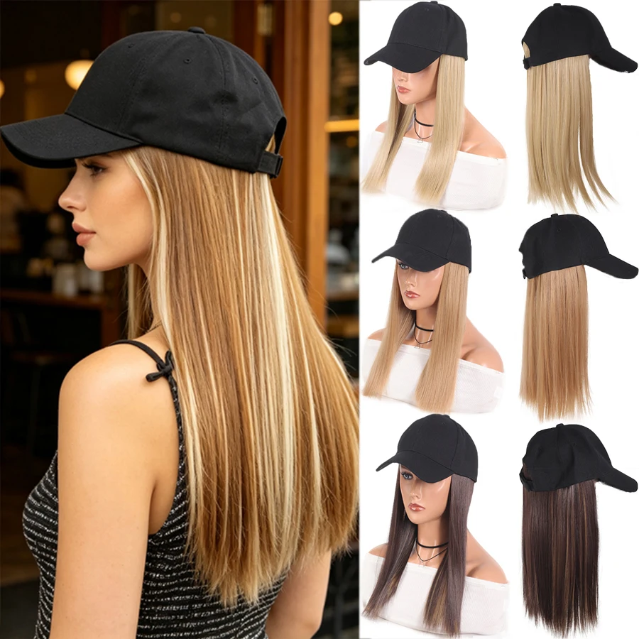 Synthetic Long Straight Sports Style Baseball Hat Cap Wigs Adjustable Comfortable Hair Extension For Women Daily Use