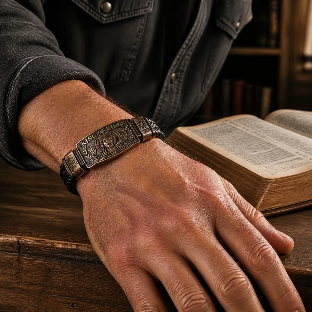 Vintage Bronze-Colored Christian Braided Bracelet Embossed Adjustable Faith Leather Bracelet Leather Engraved Christ Phrase