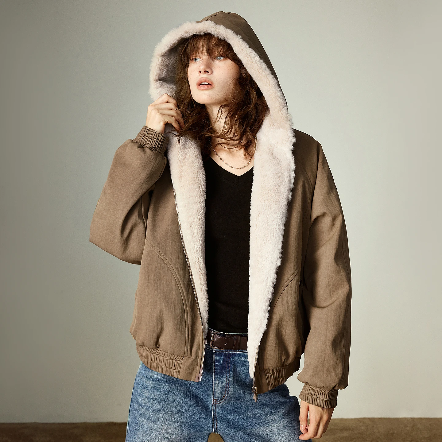 TOYOUTH Women's Jacket 2025 Winter New Barn Style Barn Cotton Coat Outerwear Patchwork Plush Hooded Warm Cotton-Padded Jacket