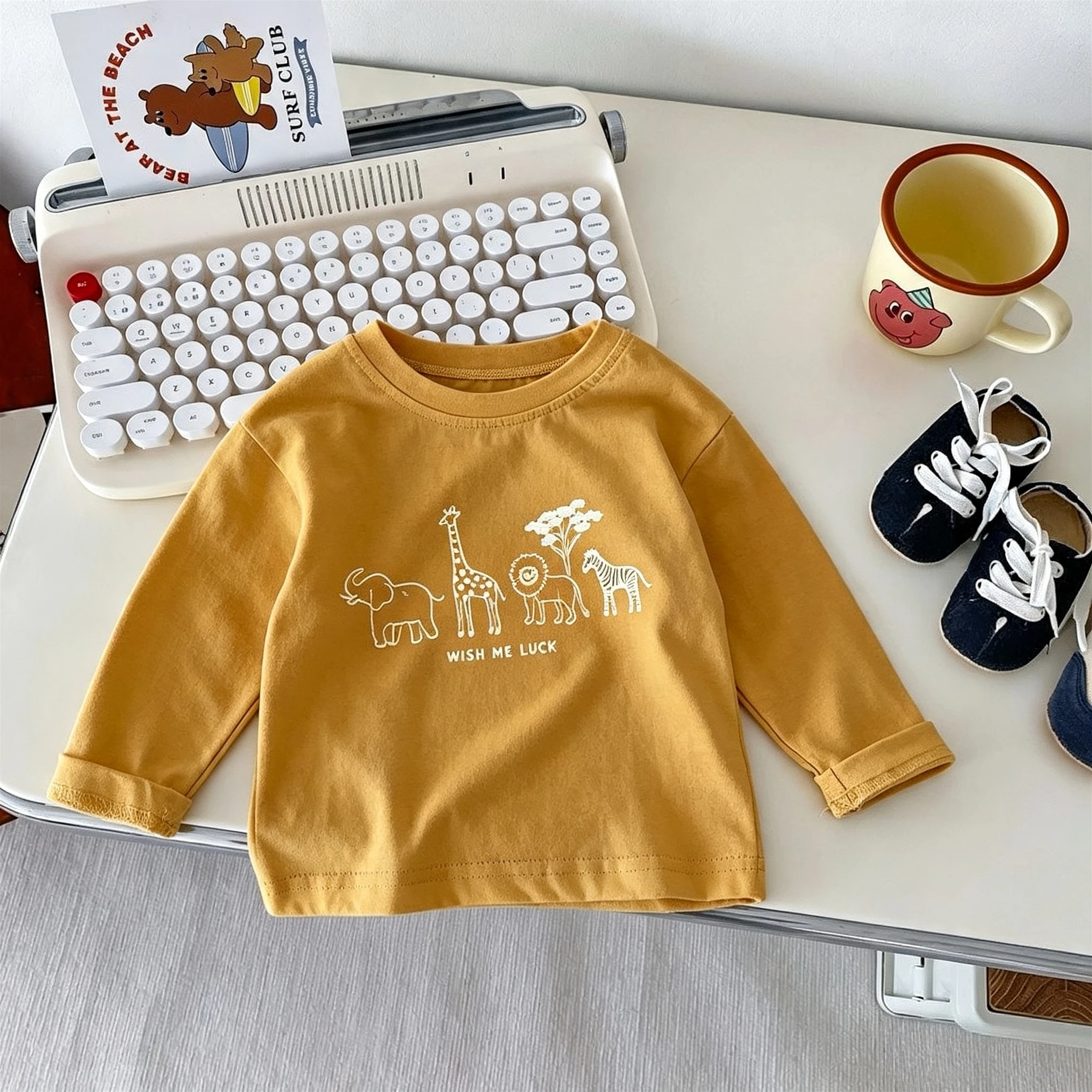 Pure Color Simple Fashion Kids Base Shirt Long Sleeve Tops Printed Cartoon Casual Versatile Children's Clothes Blouse Crew Neck