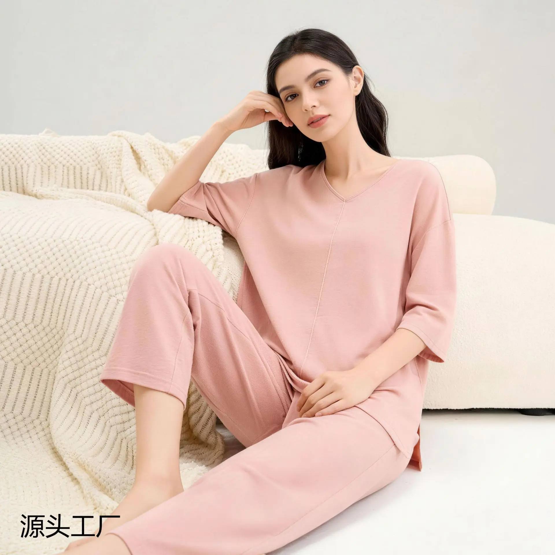 Women's V Neck Pullover Mulberry Silk Loungewear Set  Loose  Comfortable Two Piece Pajamas with Trousers XL Size Top Trousers