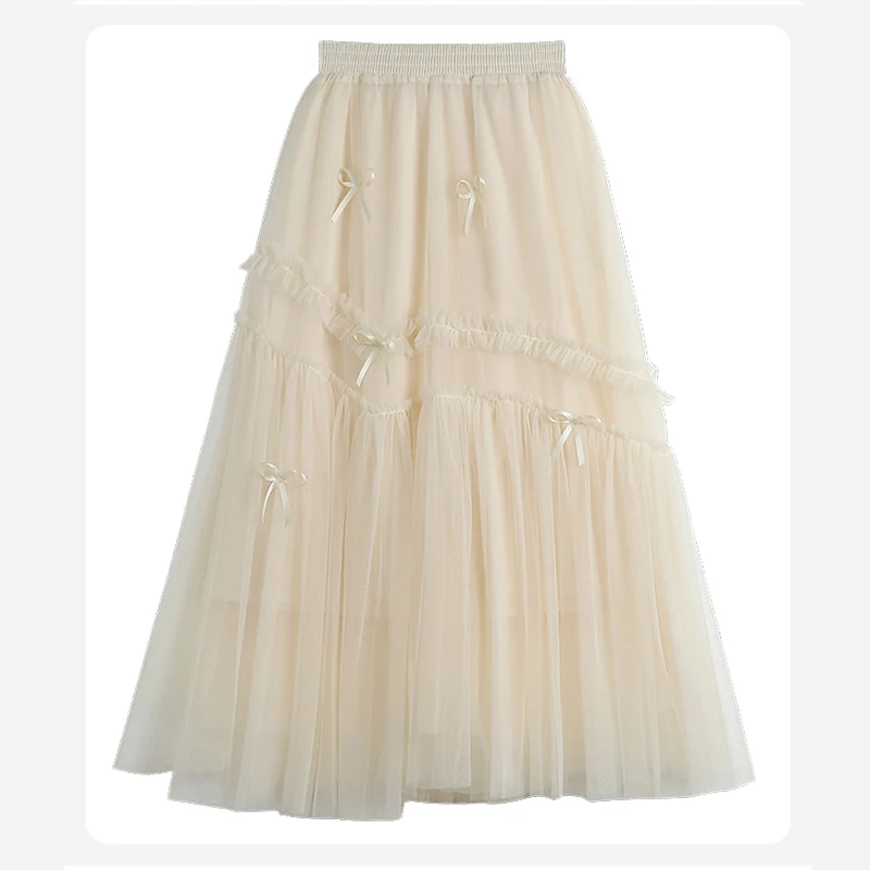 Wooden Ear Stitching Beaded Bow Mesh Skirt Women's 2022 Spring New Mid-length Solid Color Large Swing Yarn Skirt