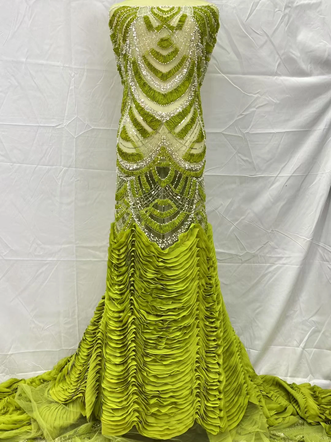 Elegant Chiffon Lace Fabric with Lots Stones - Latest Best Quality Delicate Soft Mesh Hemline for Party Evening Dresses NN5978_R