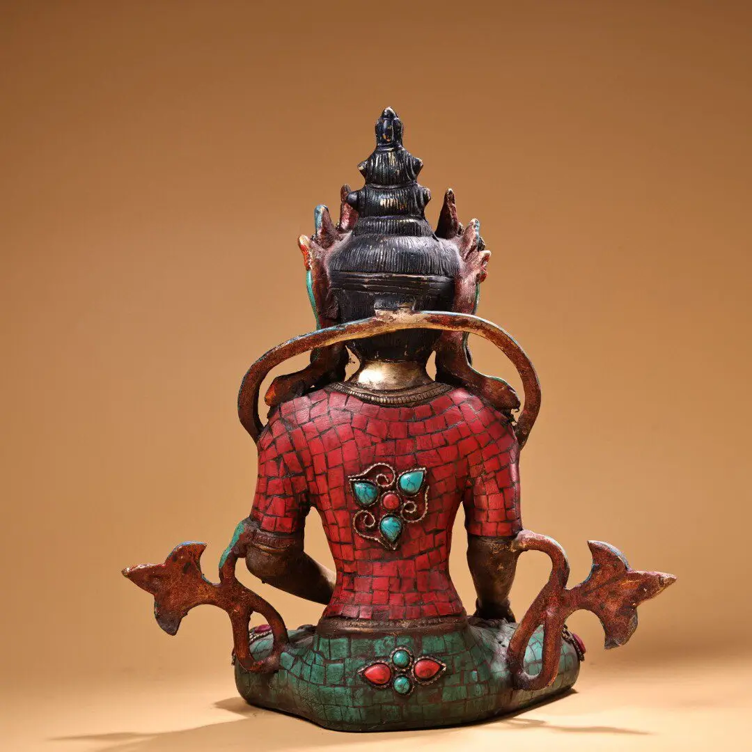 Nepal Purple Copper Gilt Amitayus Buddha Seated Statue Handmade Inlay Home Foyer Decor