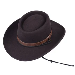 Women Men Classic Felt Fedora Hat Wide Brim Flat Top Boater Hat ,Black Coffee Color Adjustable American Western Cowboy Hats