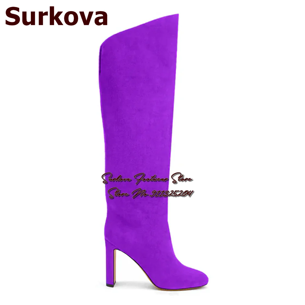 

Surkova Purple Orange Suede Strange Chunky Heel Knee Boots Round Toe Splited Block Heels Tall Boots Fall Winter Dress Shoes Us14