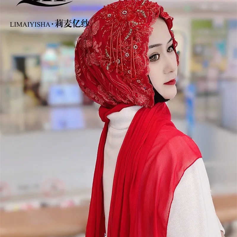 Wedding Brides Shayla Embroidery Rhinestone Women Turban Hijabs Wraps