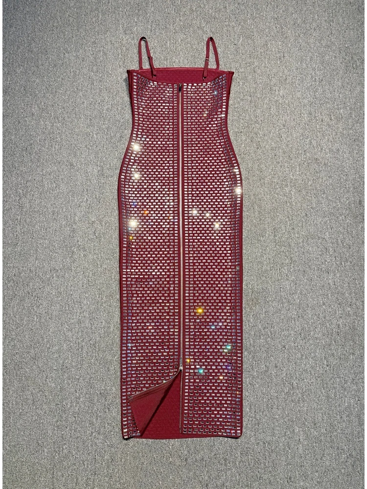 Robe longue à bandes pour femmes, Sexy, col carré, écharpe, strass, sans manches, diamants brillants, moulante, soirée, Cocktail