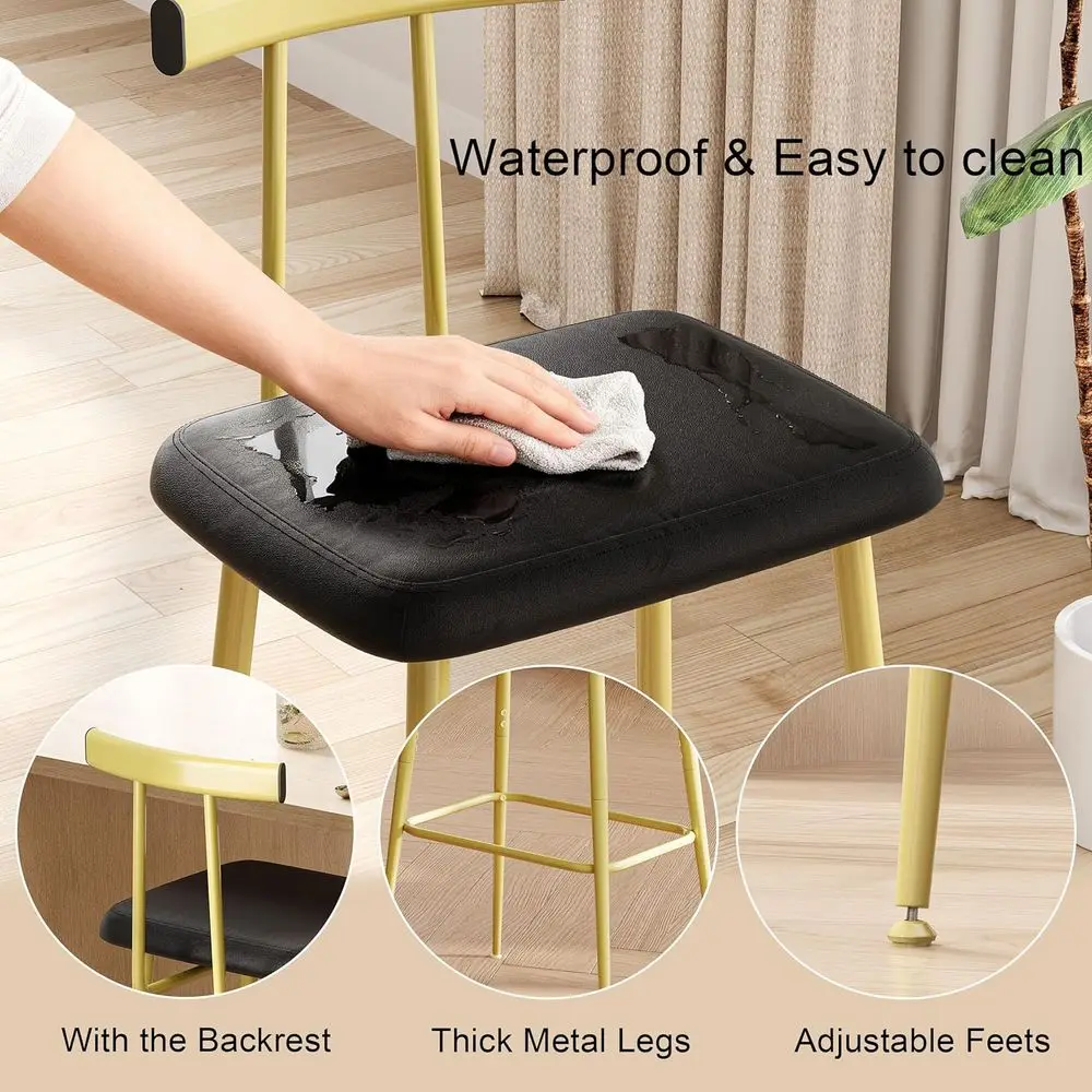 Pair of Counter Height Bar Stools with Backrest, Footrest, and PU Leather Cushion, Gold Industrial Style for Kitchen, Dining, Ba