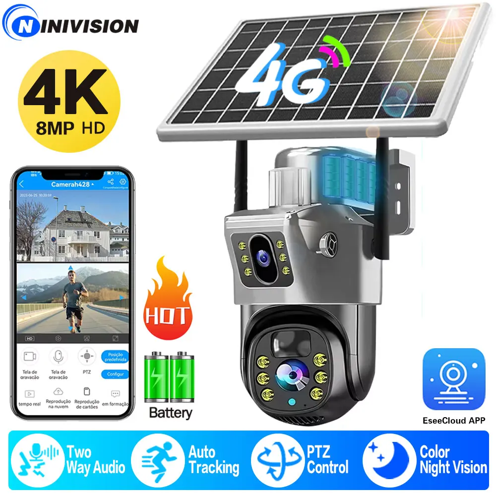 

8MP 4K Solar 4G Sim Camera Outdoor Wireless CCTV Surveillance Camera With Solar Panel Dual Lens PTZ IP Cam Security Protection