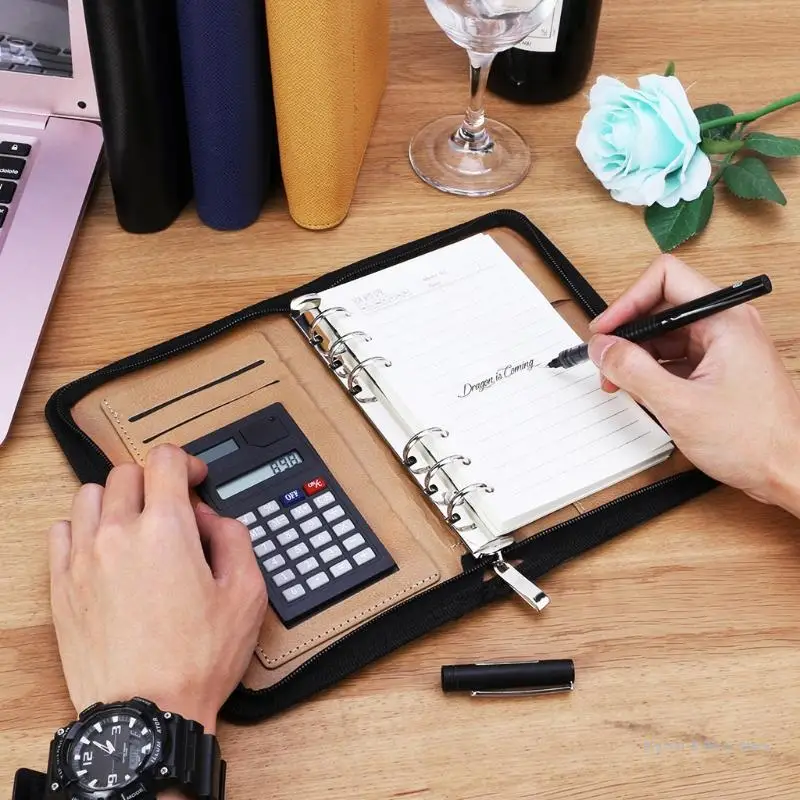 M17F Capa couro PU Zipper Notebook Bloco notas comerciais folhas soltas com calculadora