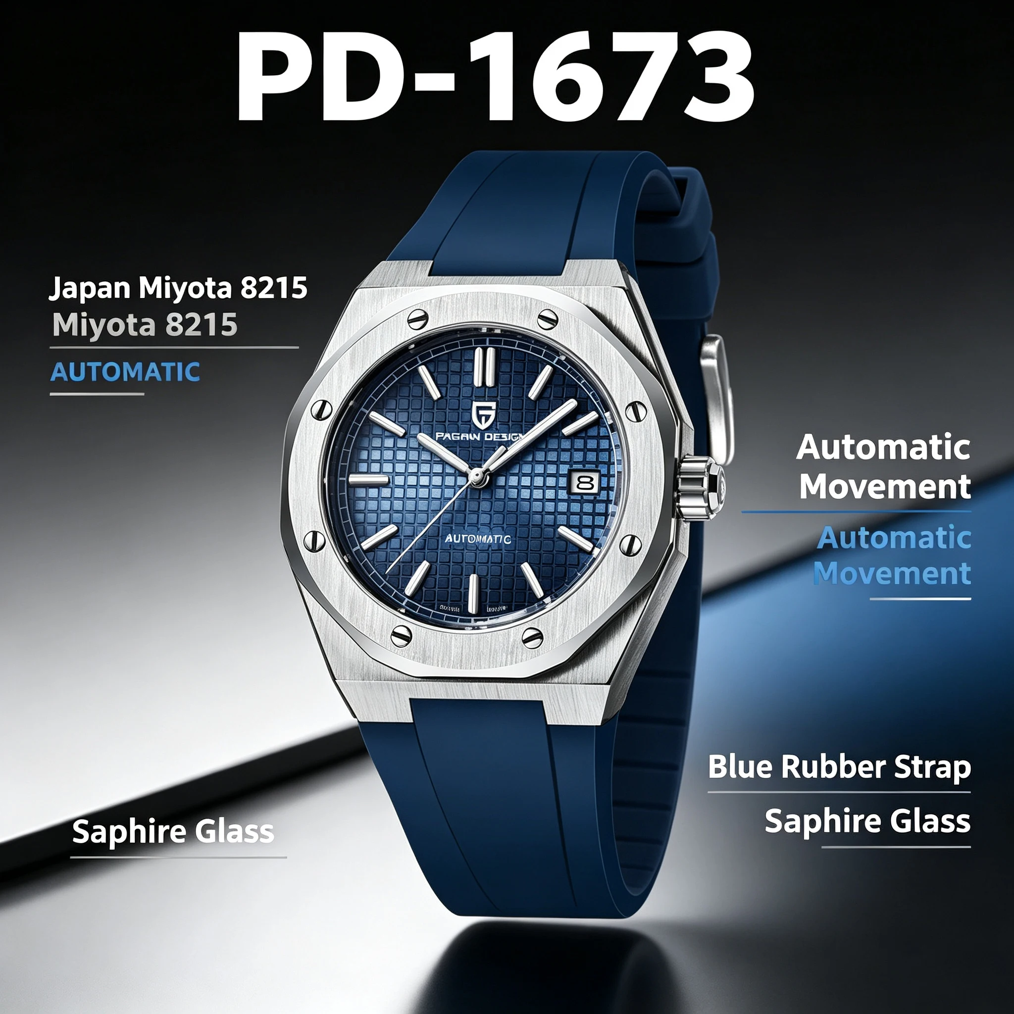 PAGANI DESIGN Luxus-Kleideruhr für Herren, automatische Miyota 8215, 40 mm, blaues Zifferblatt, Saphir-Edelstahl, wasserdicht, Business-Armbanduhr