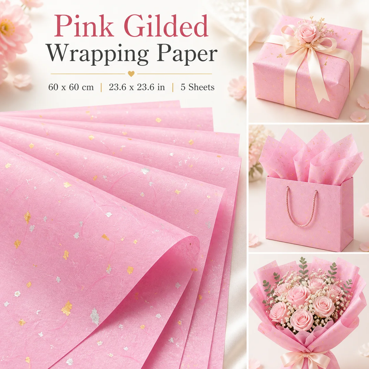 High-end pink glittery gold paper 5 sheets/pack, thickened waterproof film, non-transparent wrapping paper, gift wrapping paper