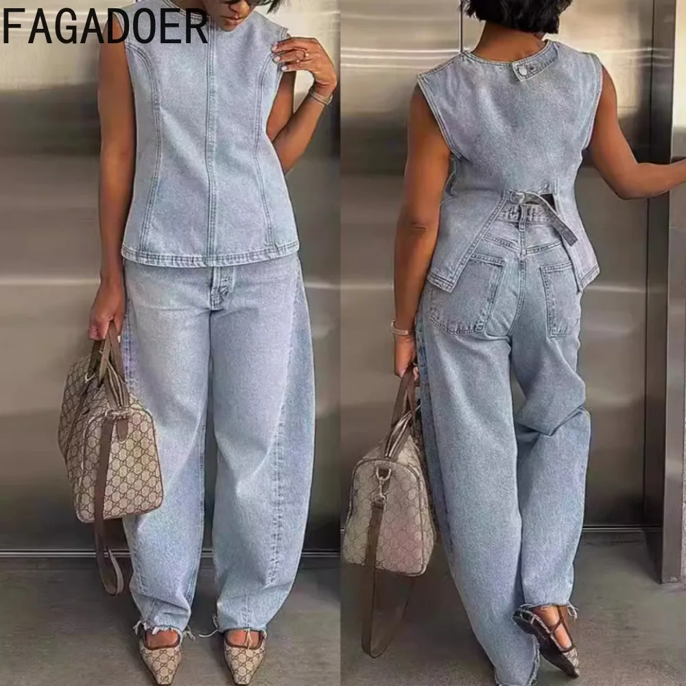 FAGADOER Blue Autumn Solid Color Denim Two Piece Sets Women Round Neck Sleeveless Loose Top And Wide Leg Pants Outfit Streetwear