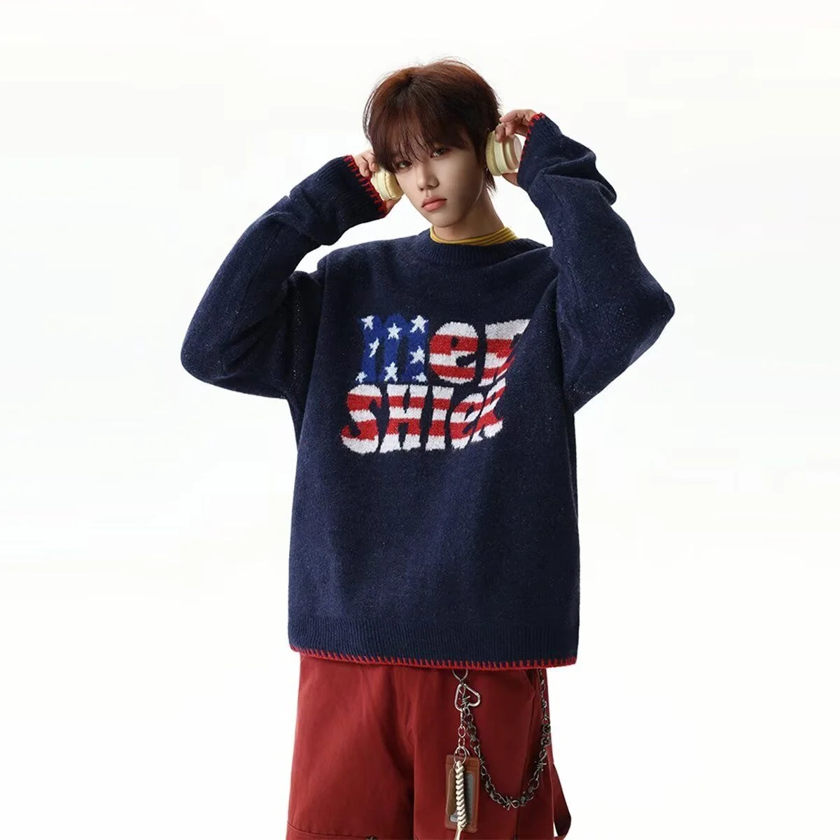 

Вязаный свитер в американском стиле ретро с буквами, свободный повседневный ленивый круглый топ Ne, модная линия, одежда для пар, осенне-зимняя одежда