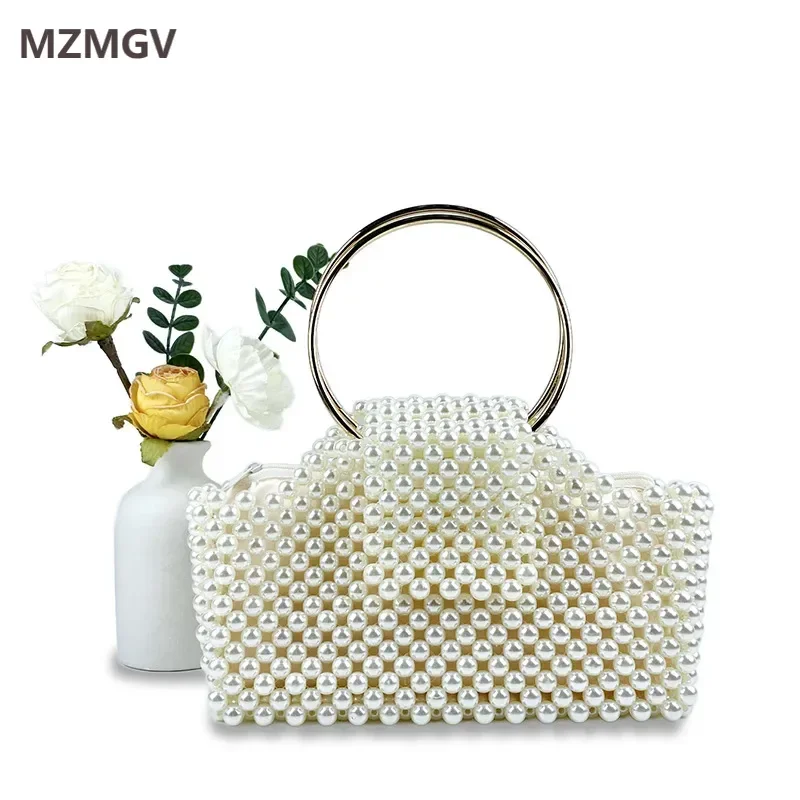 

2024 Fashion Hand-woven Pearl Beaded Handbag French Retro Hollowed Out Design Women's Evening Clutch Bag Bolsas Femininas
