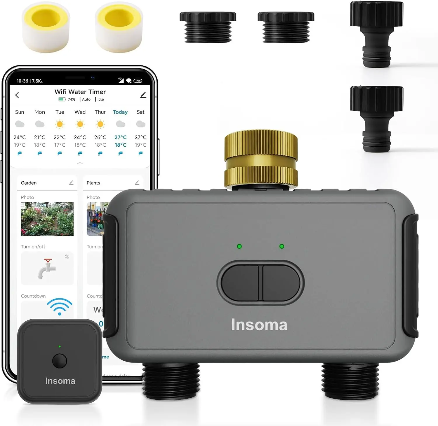 

Smart Irrigation Controller, 2-Outlet Water Timer for Lawns, Dark Gray-Brass Inlet & Plastic Outlet