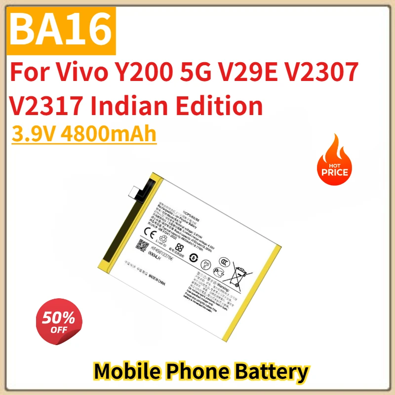 

High Quality BA16 Phone Battery 3.9V 4800mAh For Vivo Y200 5G V29E V2307 V2317 Indian Edition Brand New Replacement Battery