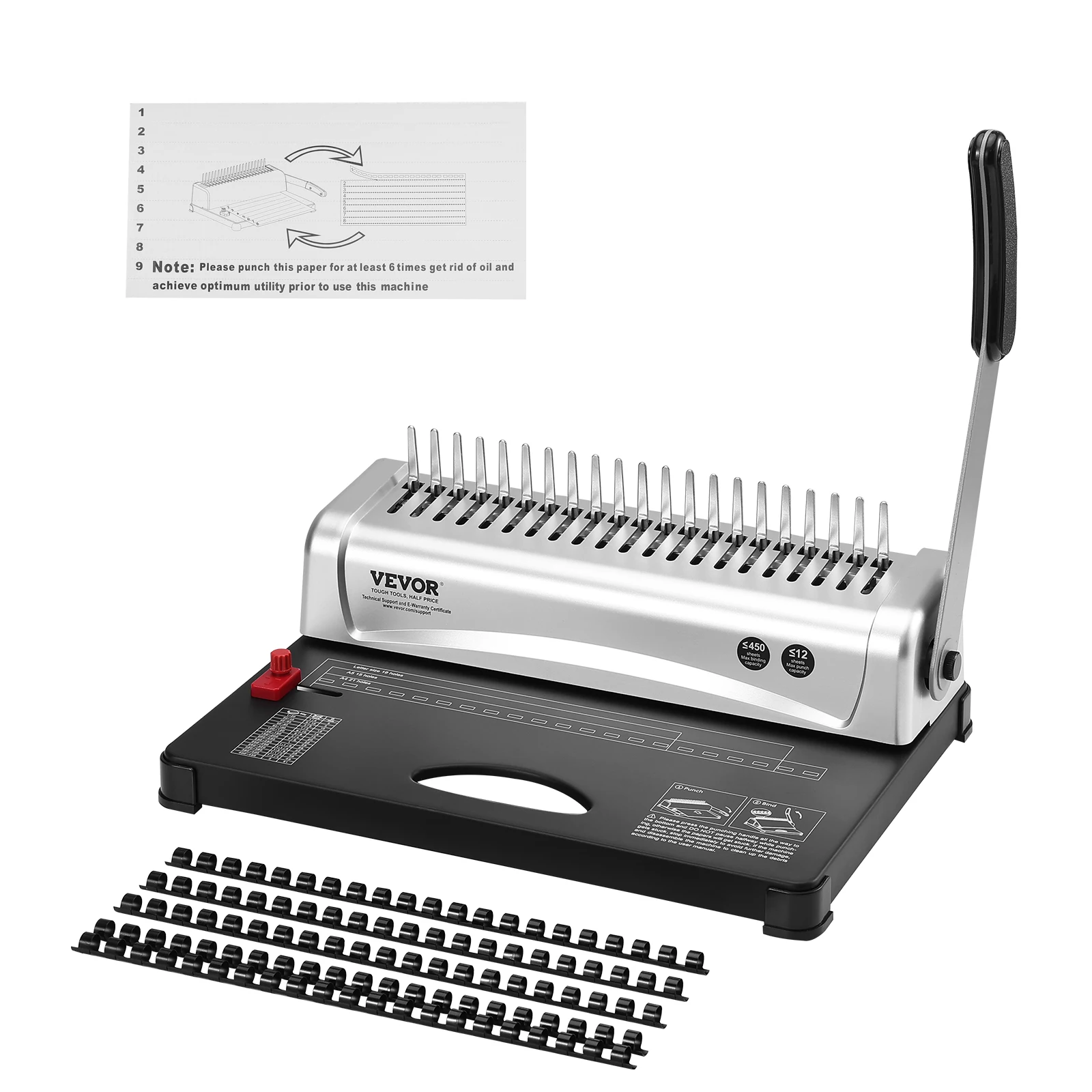 VEVOR Binding Machine Comb Binding Machine 21-Holes Binding 450 Sheets Book Binder Machine w/ 100 PCS 3/8'' Comb for Letter Size