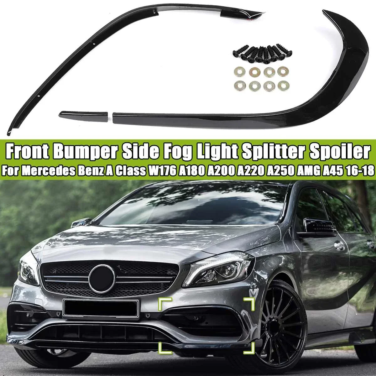 W176 Lip AMG Style Car Front Bumper Lip Splitter Spoiler Side Canards Body Kit For Mercedes Benz A-Class W176 AMG A45 2016-2018