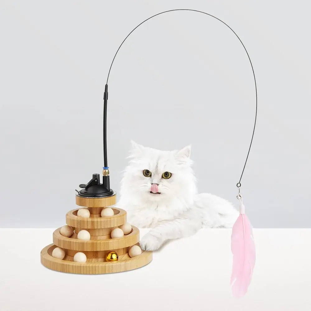 

Wooden Cat Ball 3-Layer Tower Toy with Suction Cup, Cat Teaser Wand Set, Bamboo Cat Toys or Indo Pinball, 3pcs Replacement Feath